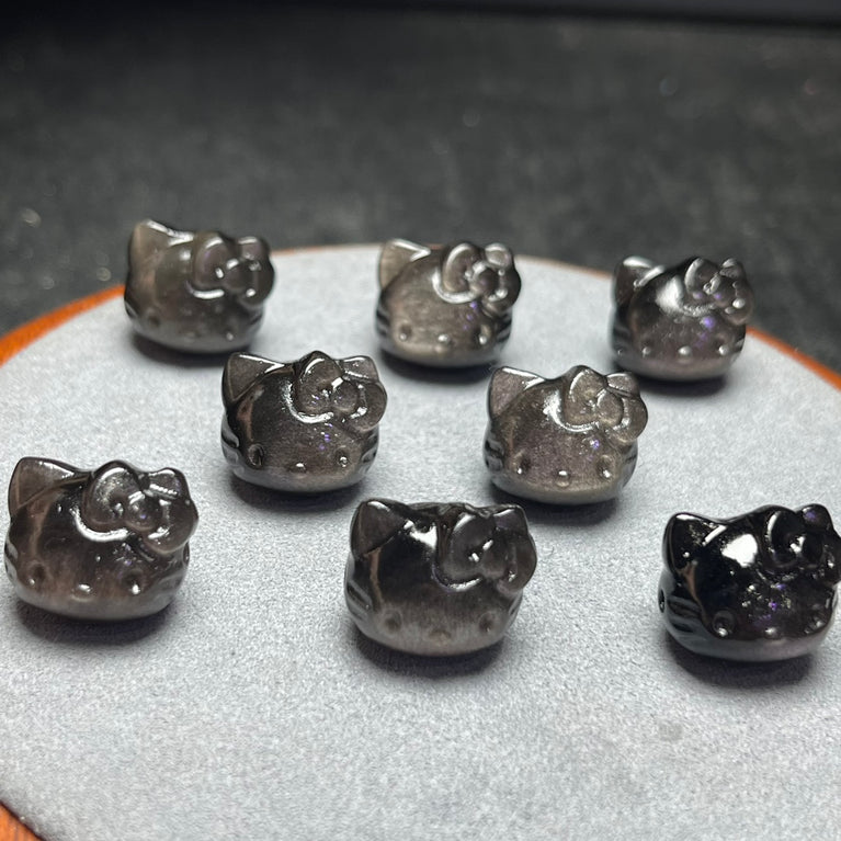 Natural Silver Sheen Obsidian Hello Kitty Head Jewelry Charms Beads Pendants