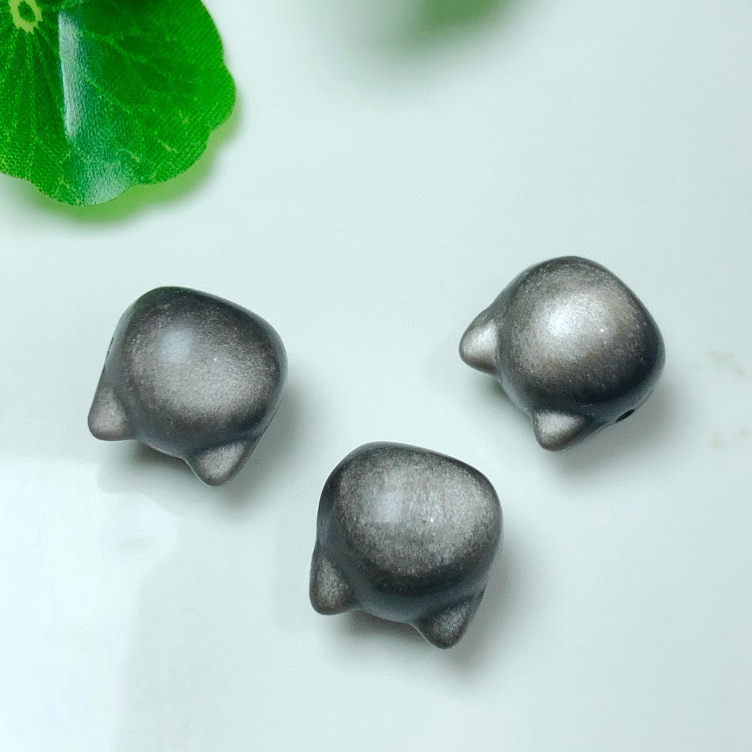 Natural Silver Sheen Obsidian Cat Head Jewelry Charms Beads Pendants