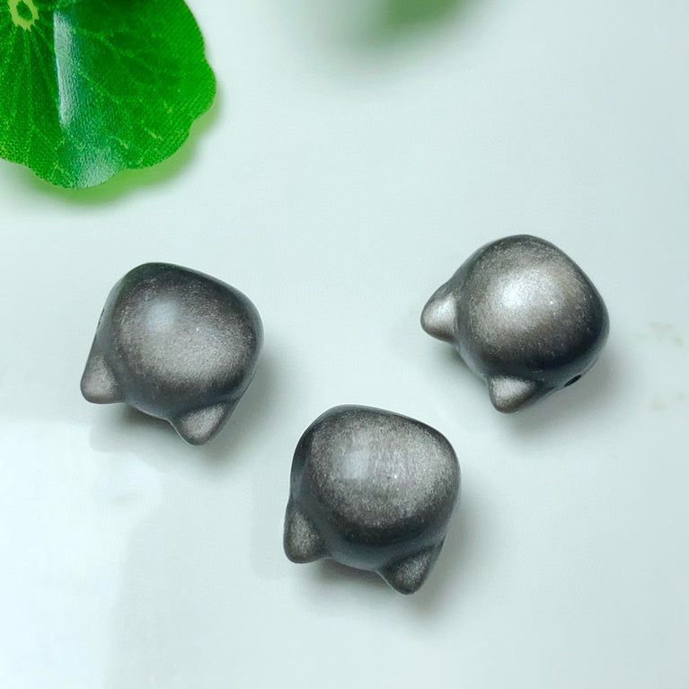 Natural Silver Sheen Obsidian Cat Head Jewelry Charms Beads Pendants