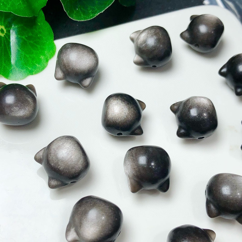 Natural Silver Sheen Obsidian Cat Head Jewelry Charms Beads Pendants