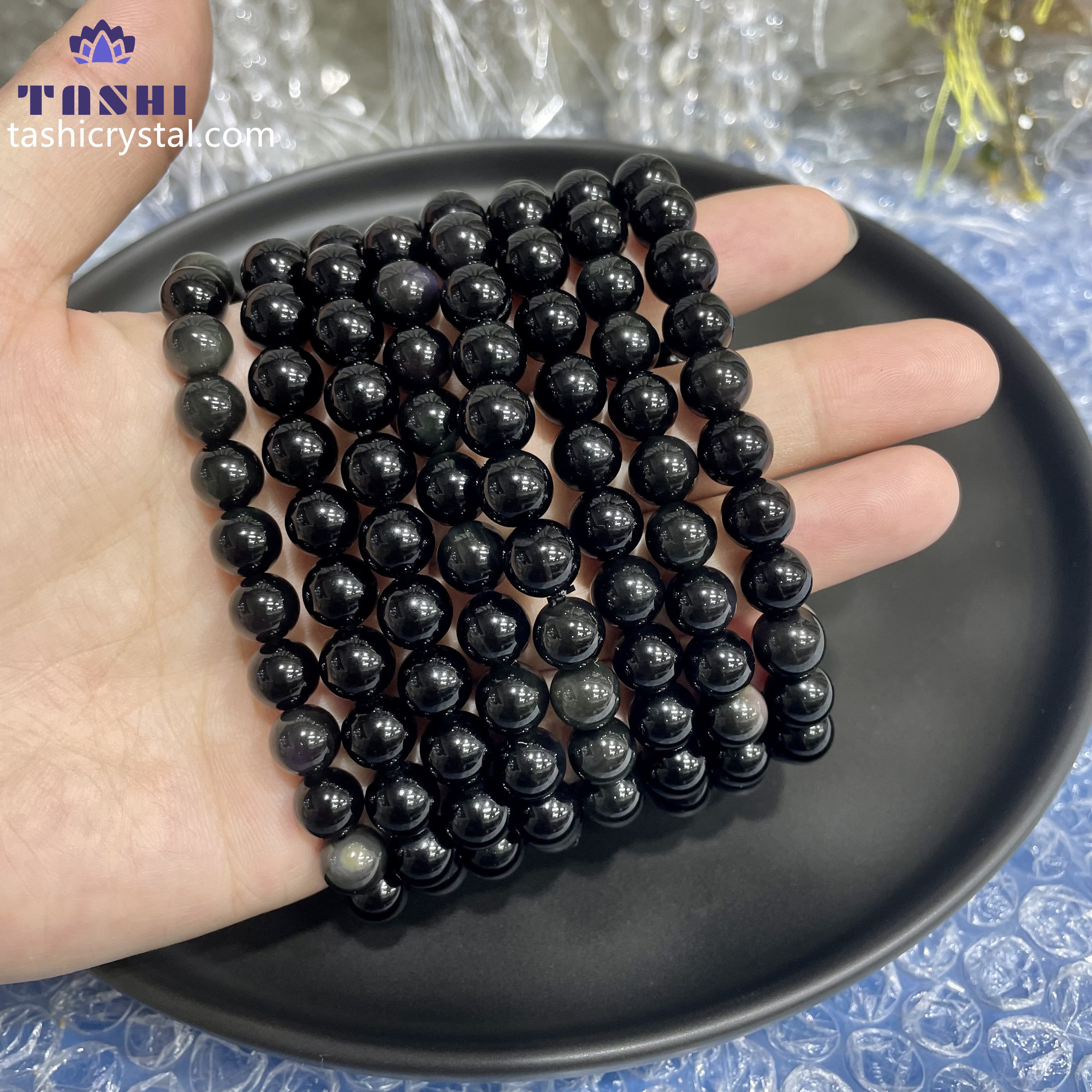 8mm Rainbow Sheen Obsidian Bracelets Round Beaded Bracelets Stretch Beads