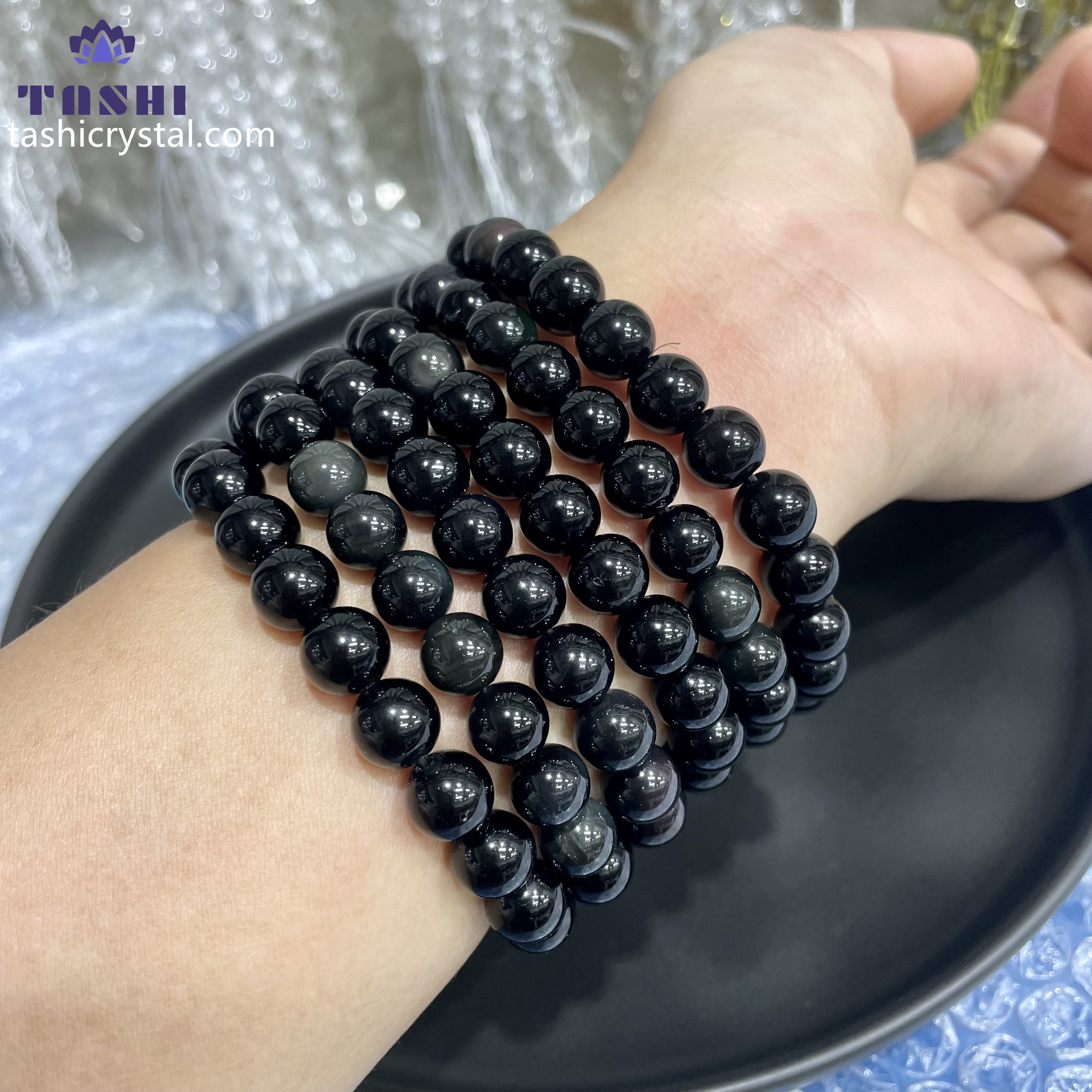 8mm Rainbow Sheen Obsidian Bracelets Round Beaded Bracelets Stretch Beads