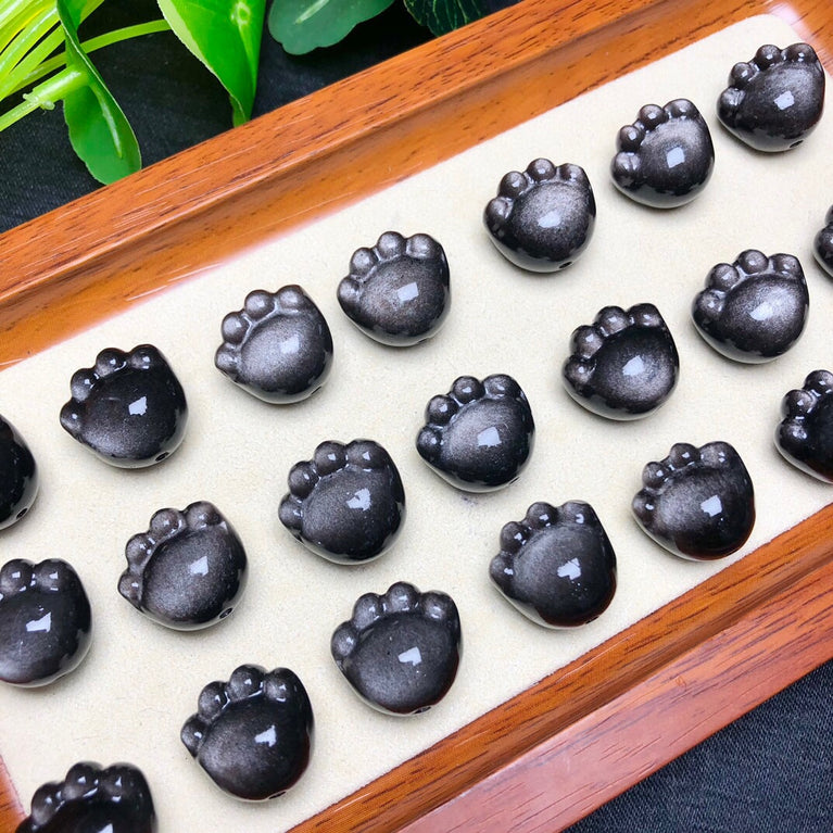 Natural Silver Sheen Obsidian Cat Paw Jewelry Charms Beads Pendants