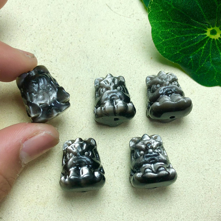 Natural Silver Sheen Obsidian Dancing Lion Jewelry Charms Beads Pendants