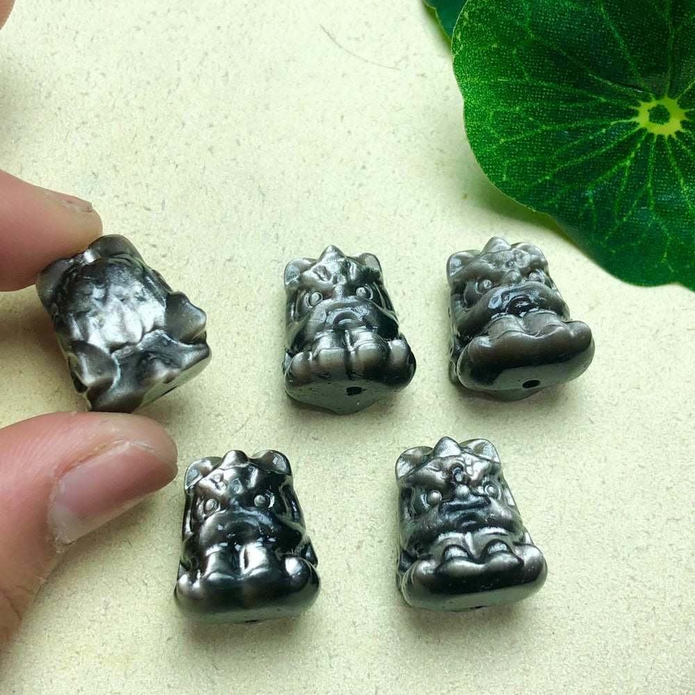 Natural Silver Sheen Obsidian Dancing Lion Jewelry Charms Beads Pendants