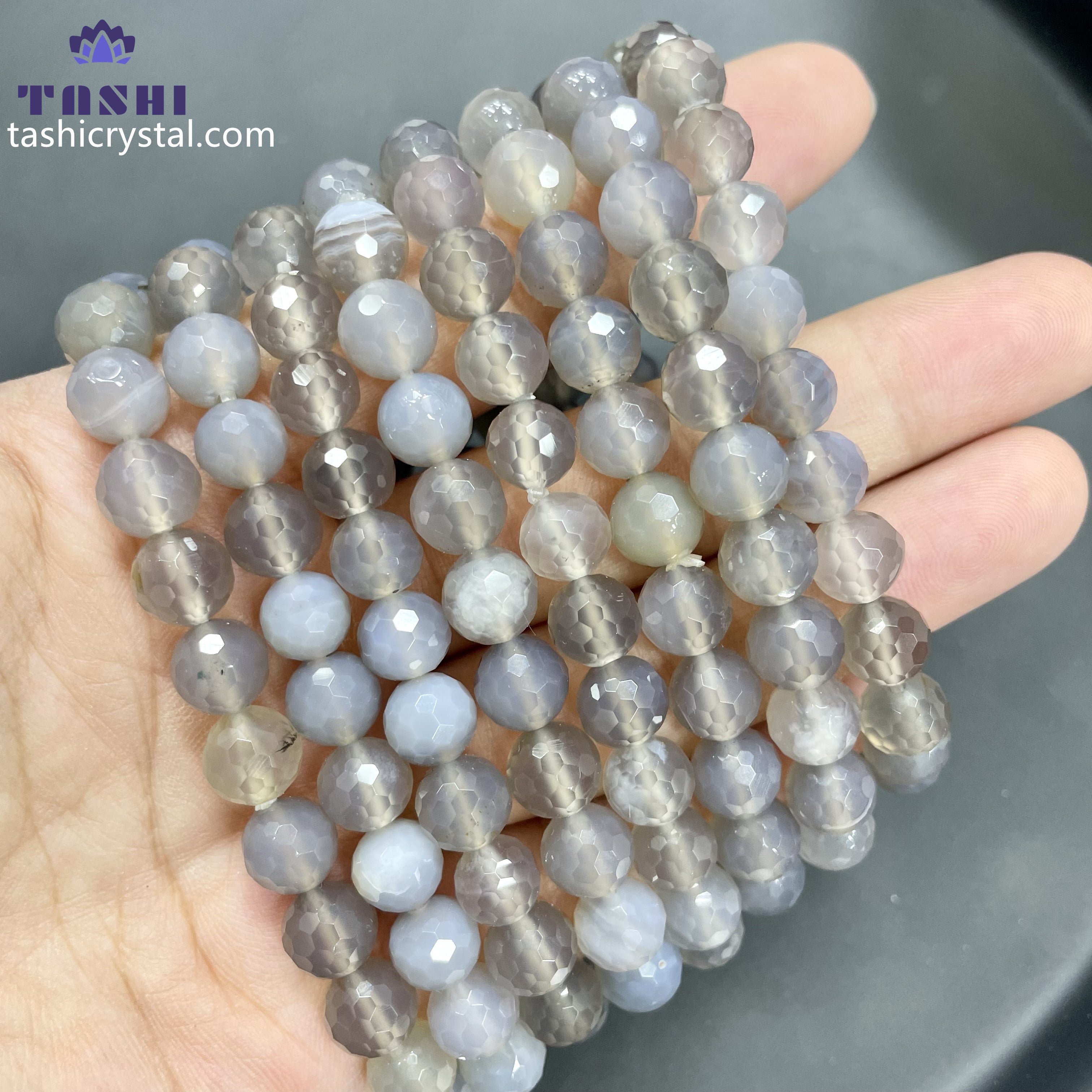8mm Faceted Grey Agate Bracelets Round Beaded Bracelets Stretch Beads