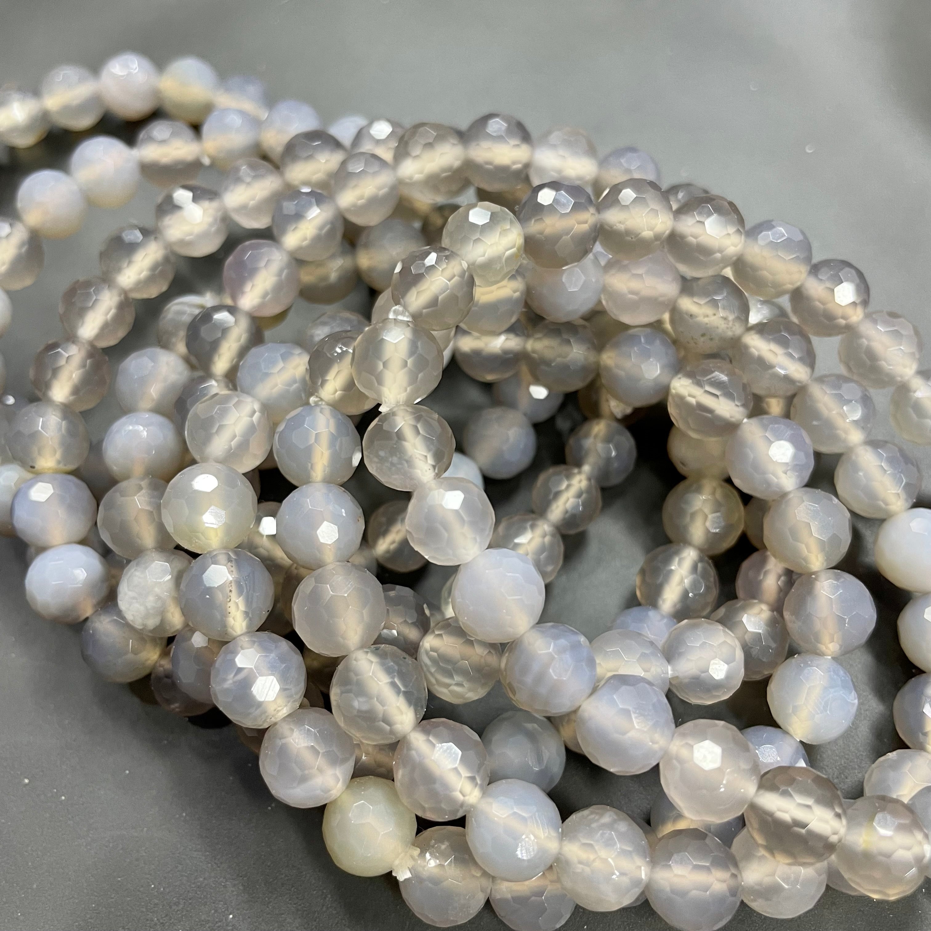 8mm Faceted Grey Agate Bracelets Round Beaded Bracelets Stretch Beads