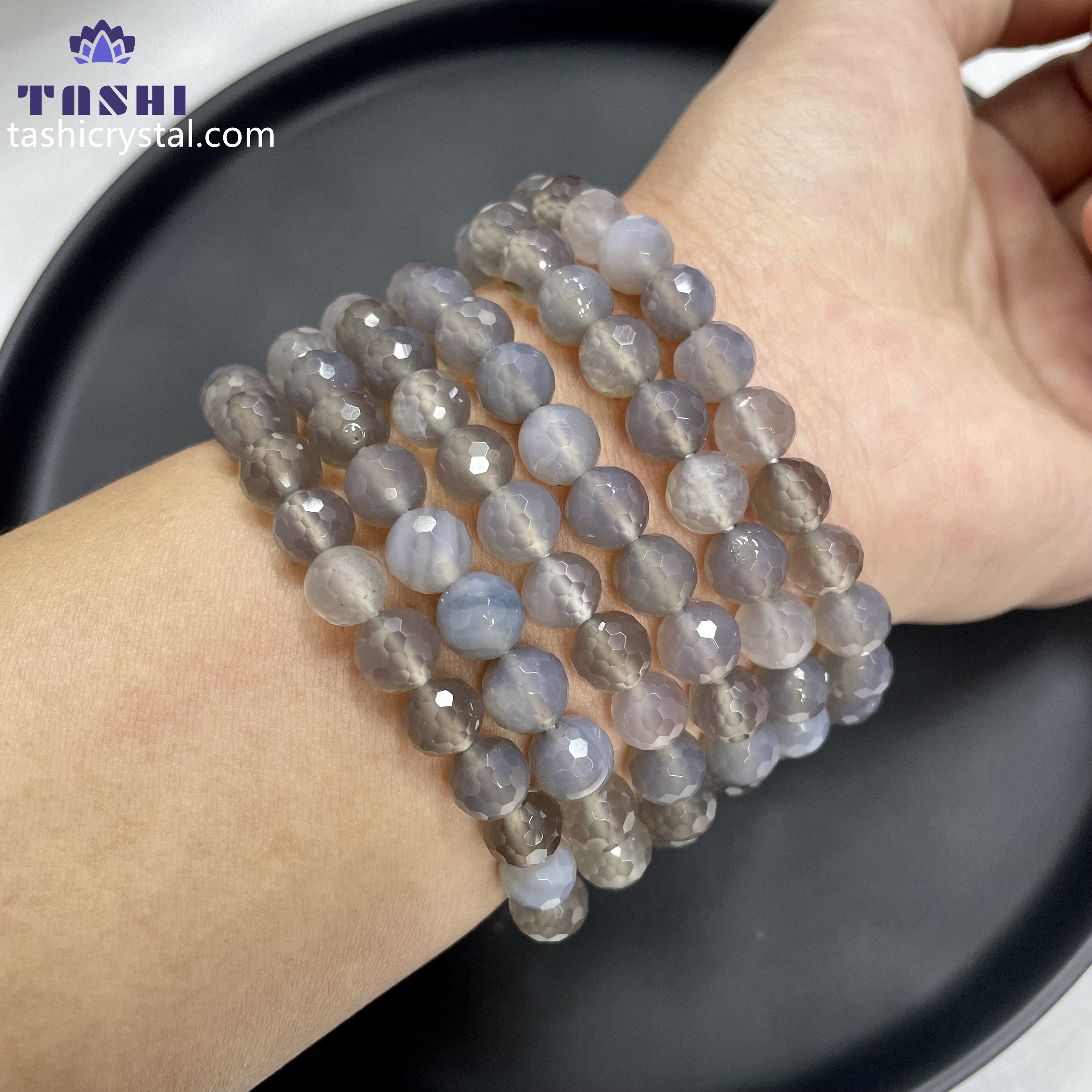 8mm Faceted Grey Agate Bracelets Round Beaded Bracelets Stretch Beads