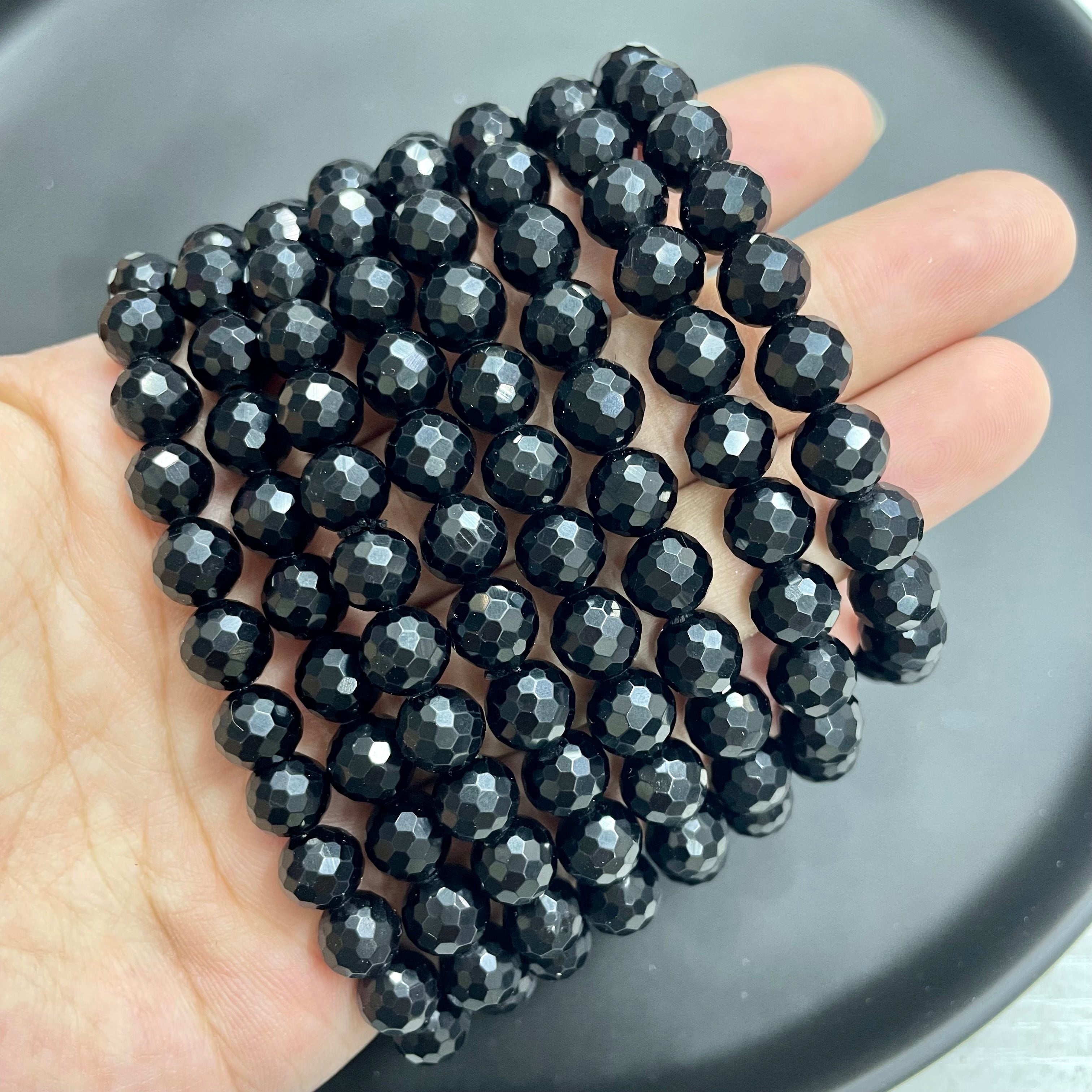 8mm Faceted Black Obsidian Bracelets Round Beaded Bracelets Stretch Beads