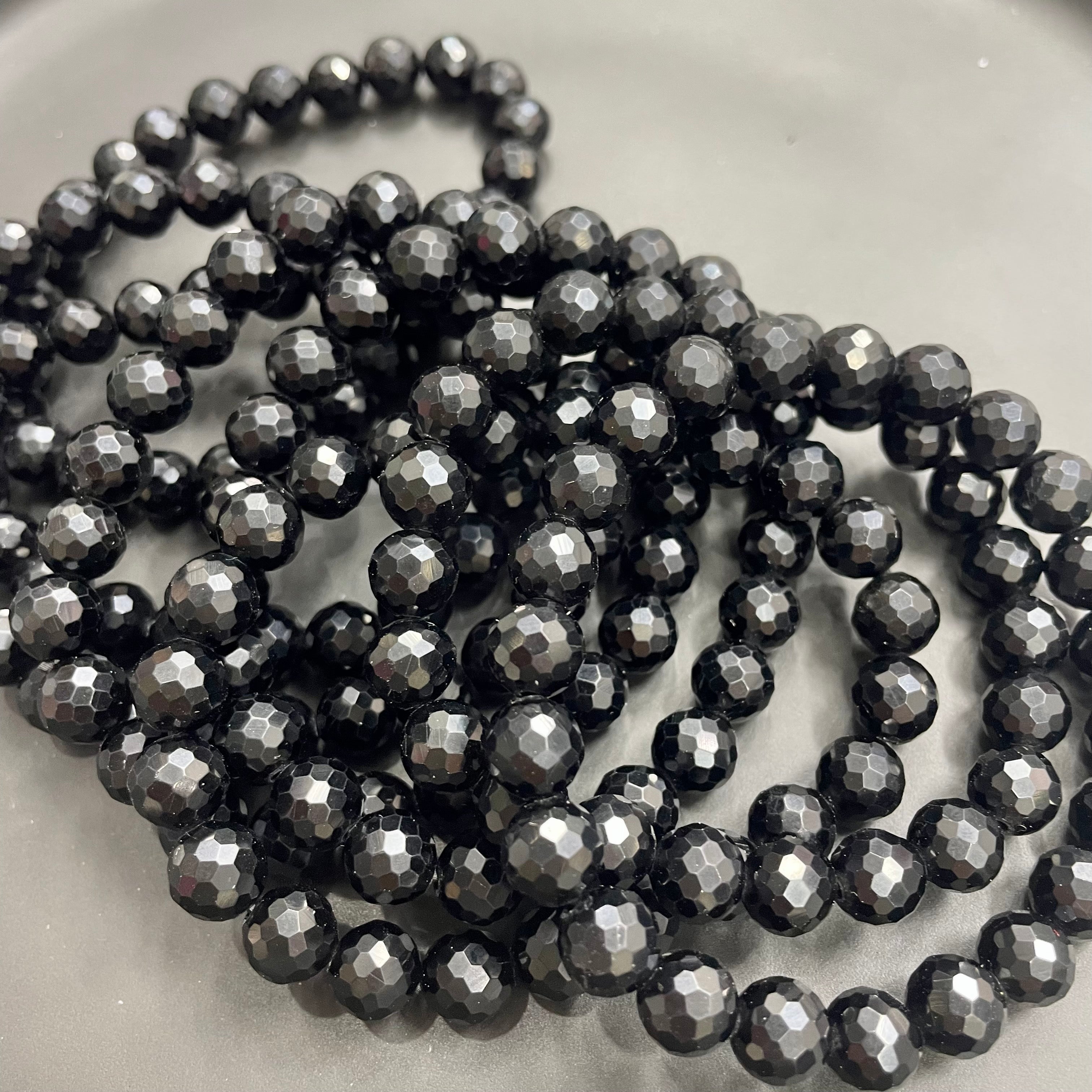 8mm Faceted Black Obsidian Bracelets Round Beaded Bracelets Stretch Beads