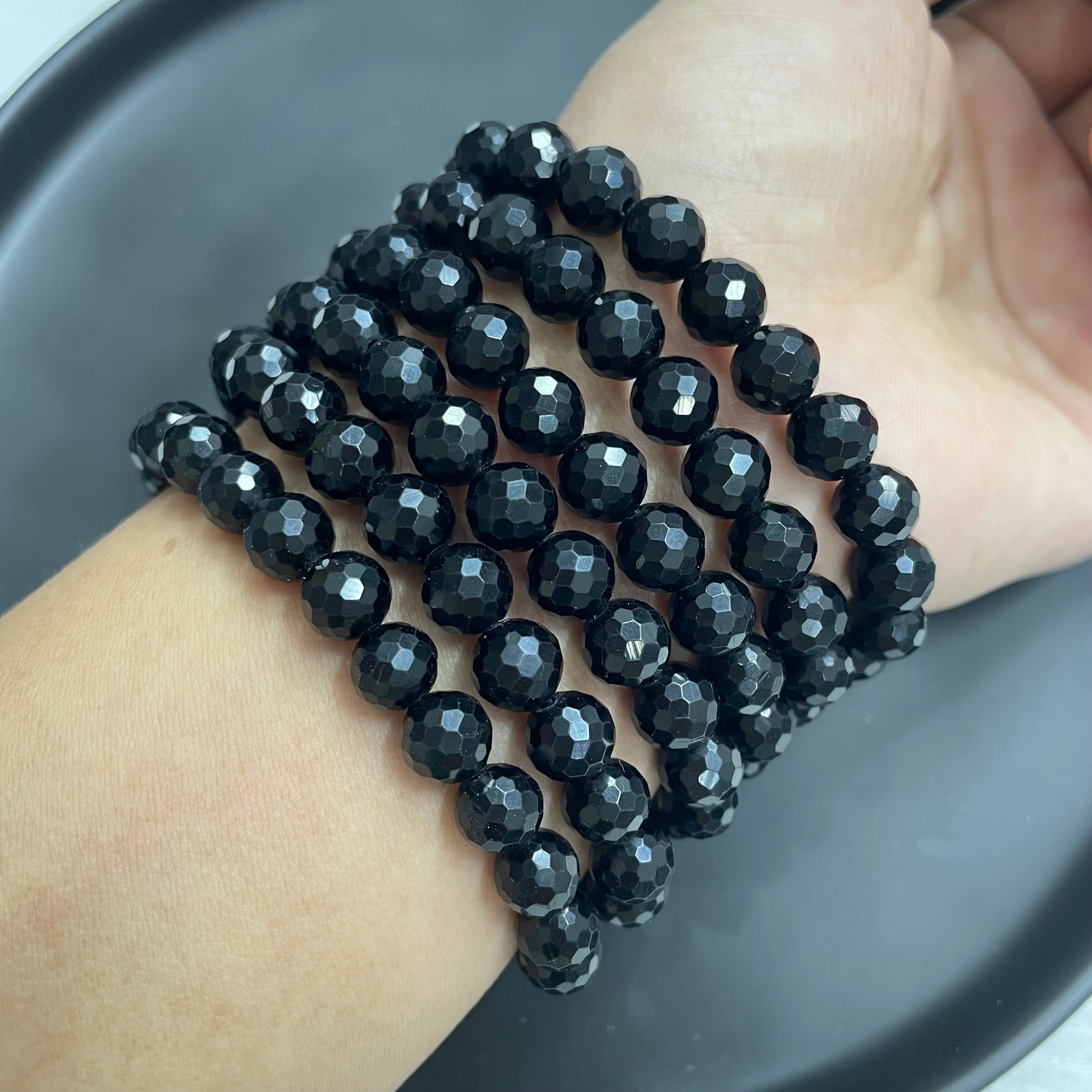 8mm Faceted Black Obsidian Bracelets Round Beaded Bracelets Stretch Beads
