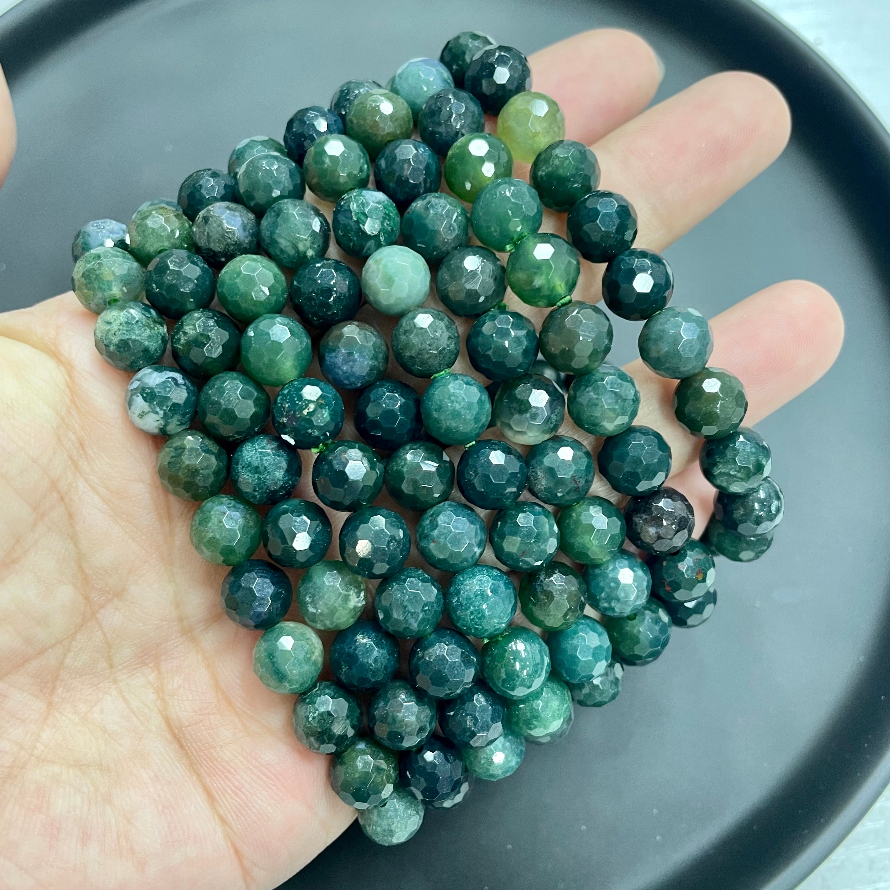 8mm Faceted Dark Moss Agate Bracelets Round Beaded Bracelets Stretch Beads