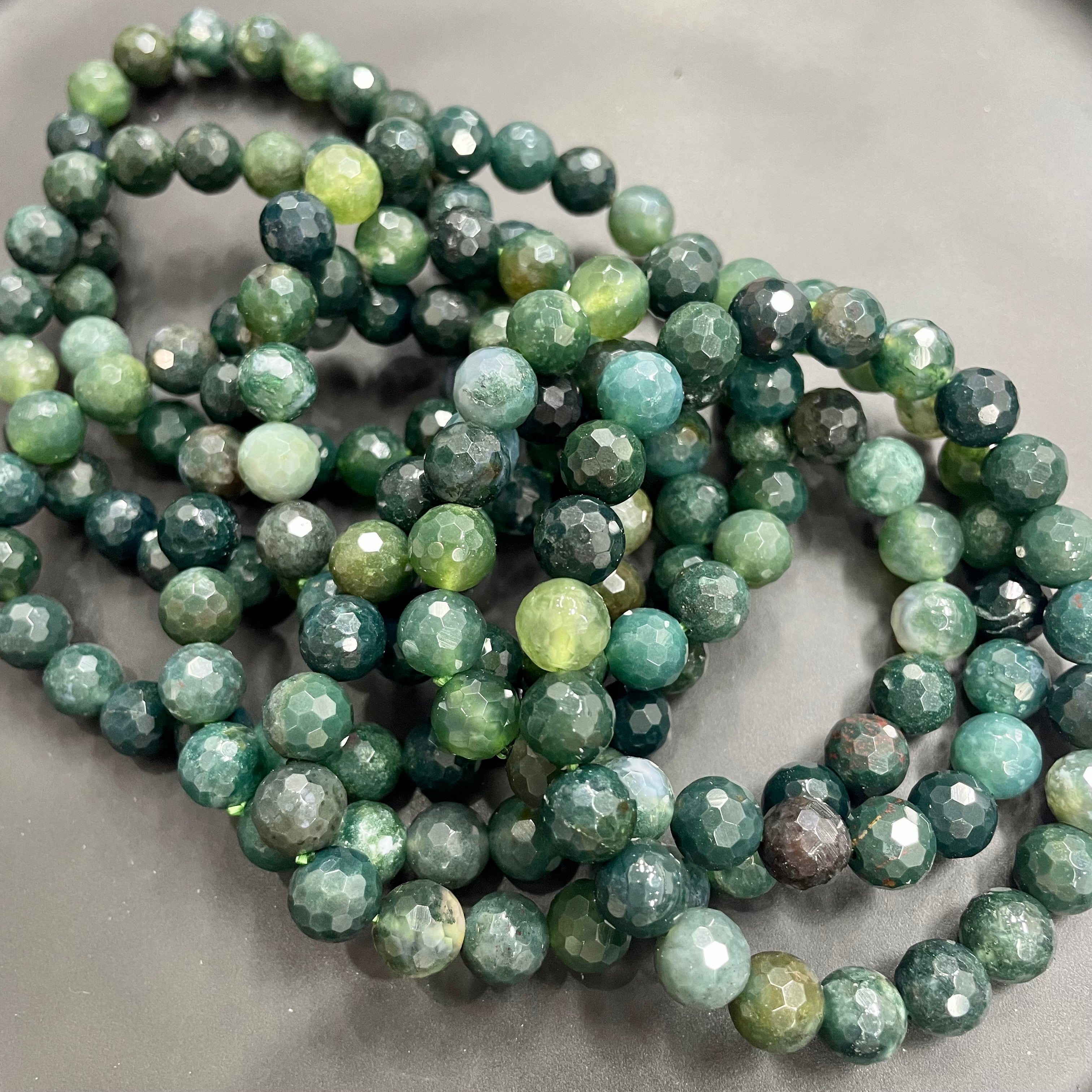 8mm Faceted Dark Moss Agate Bracelets Round Beaded Bracelets Stretch Beads