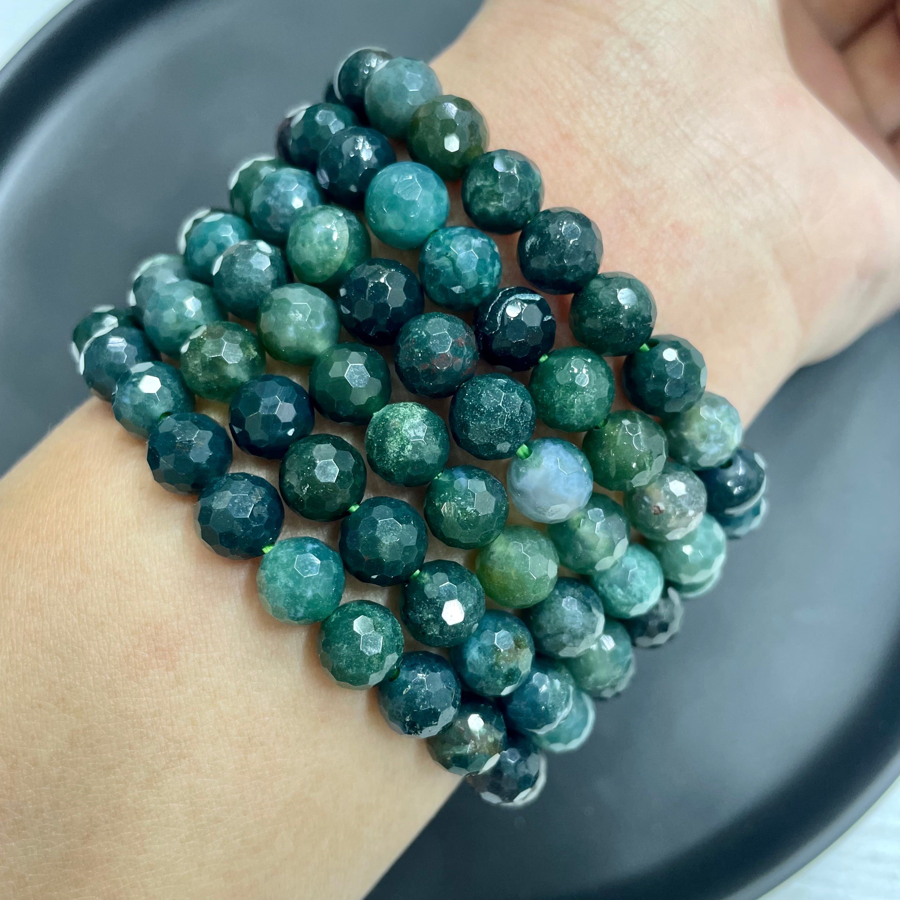 8mm Faceted Dark Moss Agate Bracelets Round Beaded Bracelets Stretch Beads