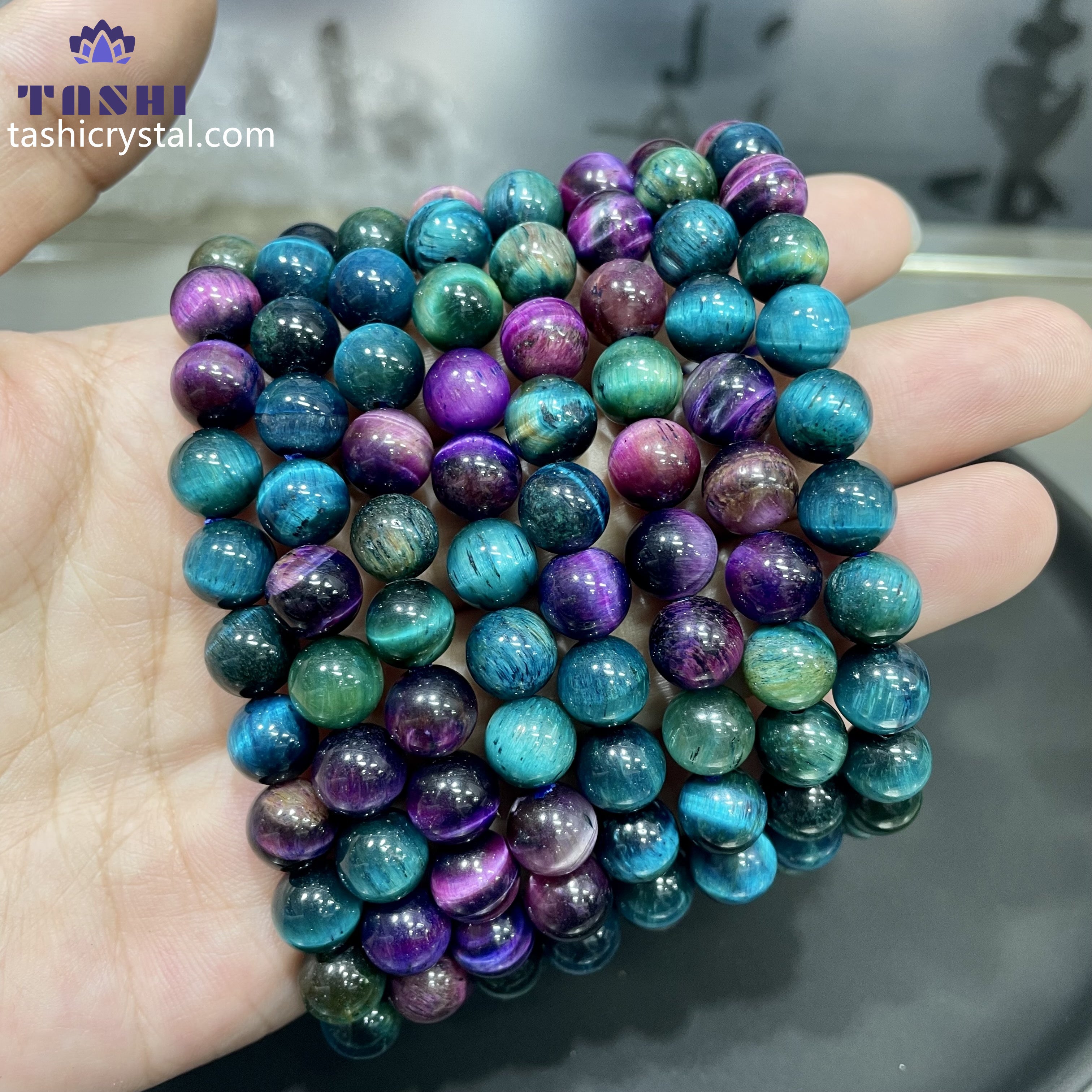 8mm Purple Blue Tiger Eye Bracelets Round Beaded Bracelets Stretch Beads