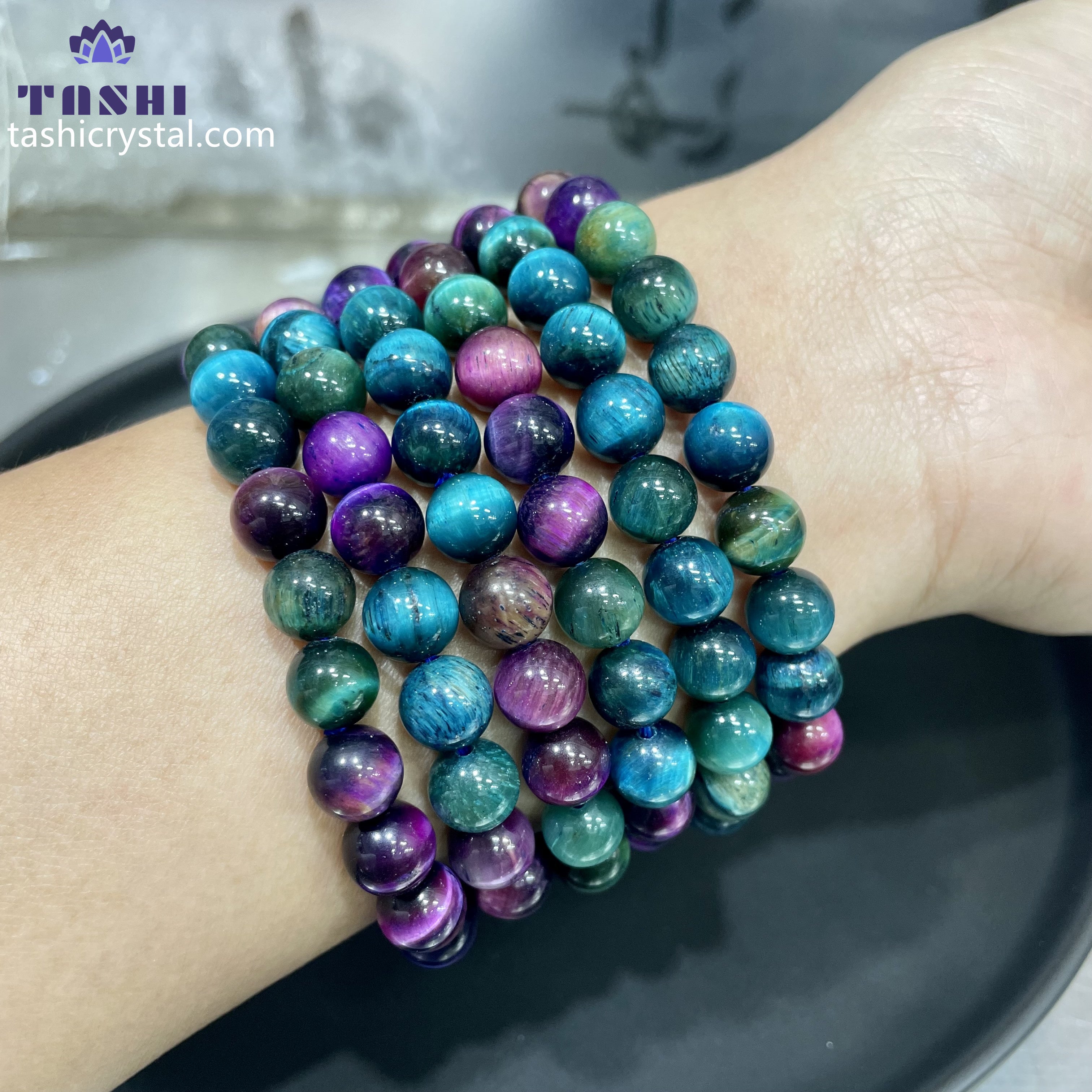 8mm Purple Blue Tiger Eye Bracelets Round Beaded Bracelets Stretch Beads
