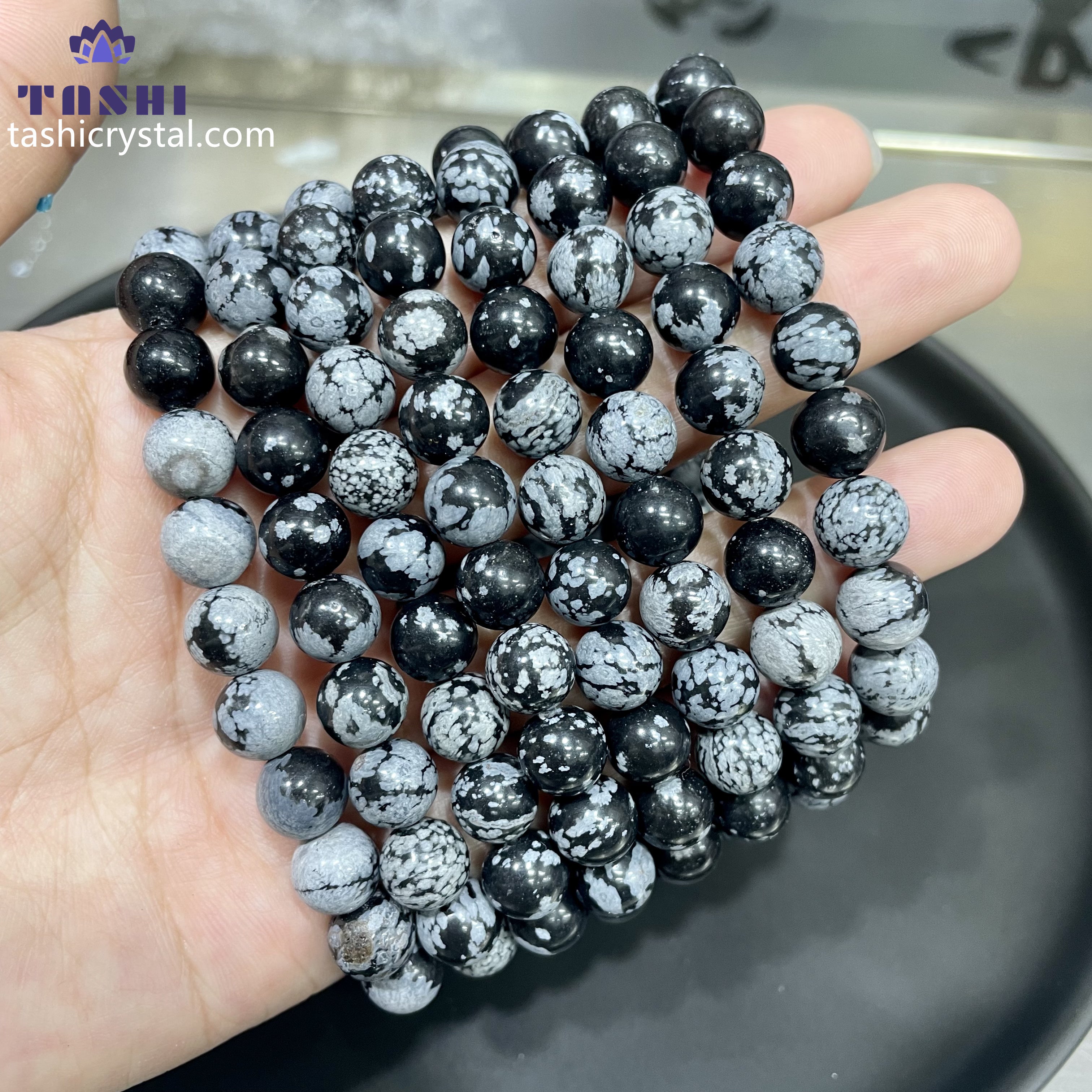 8mm Snowflakes Obsidian Bracelets Round Beaded Bracelets Stretch Beads