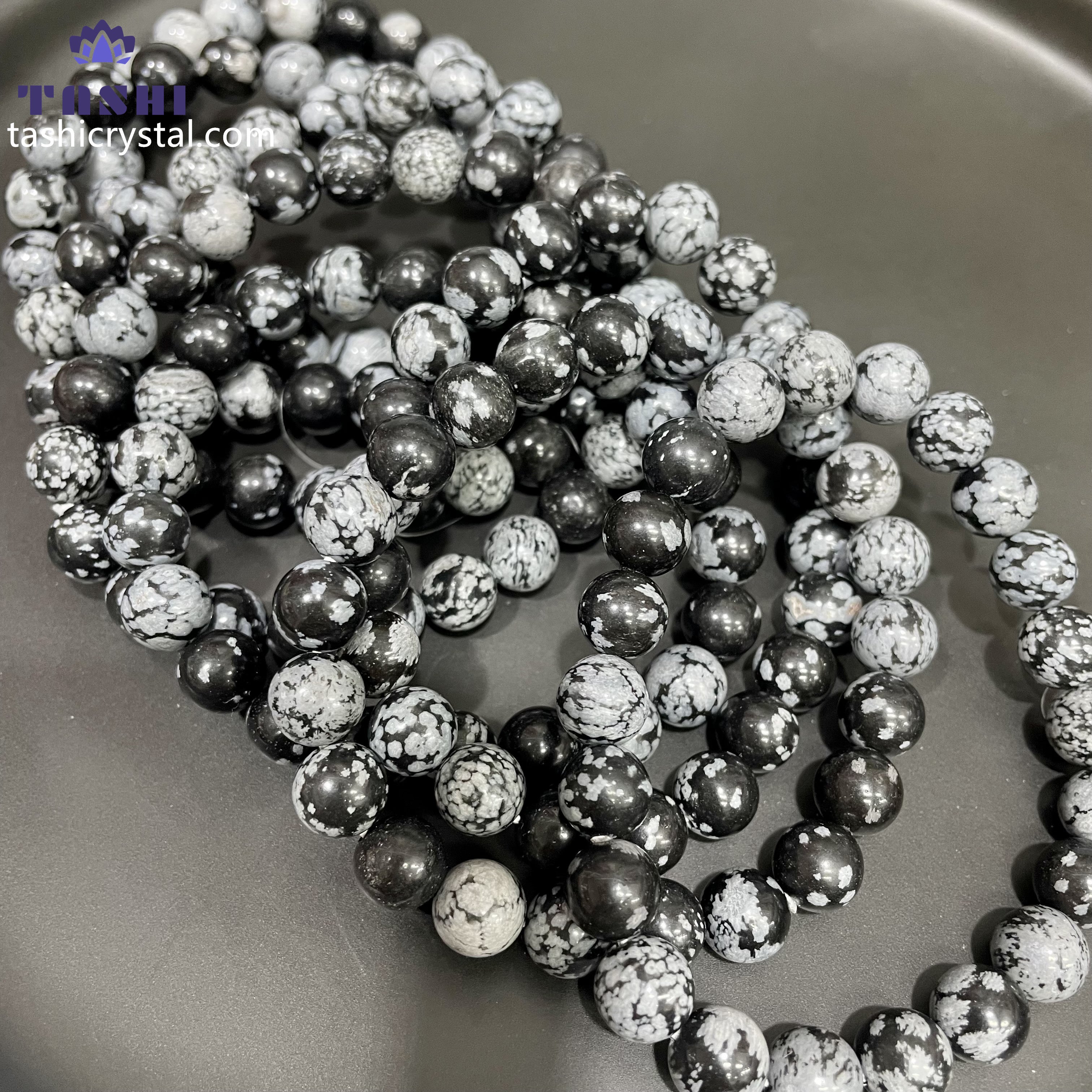 8mm Snowflakes Obsidian Bracelets Round Beaded Bracelets Stretch Beads