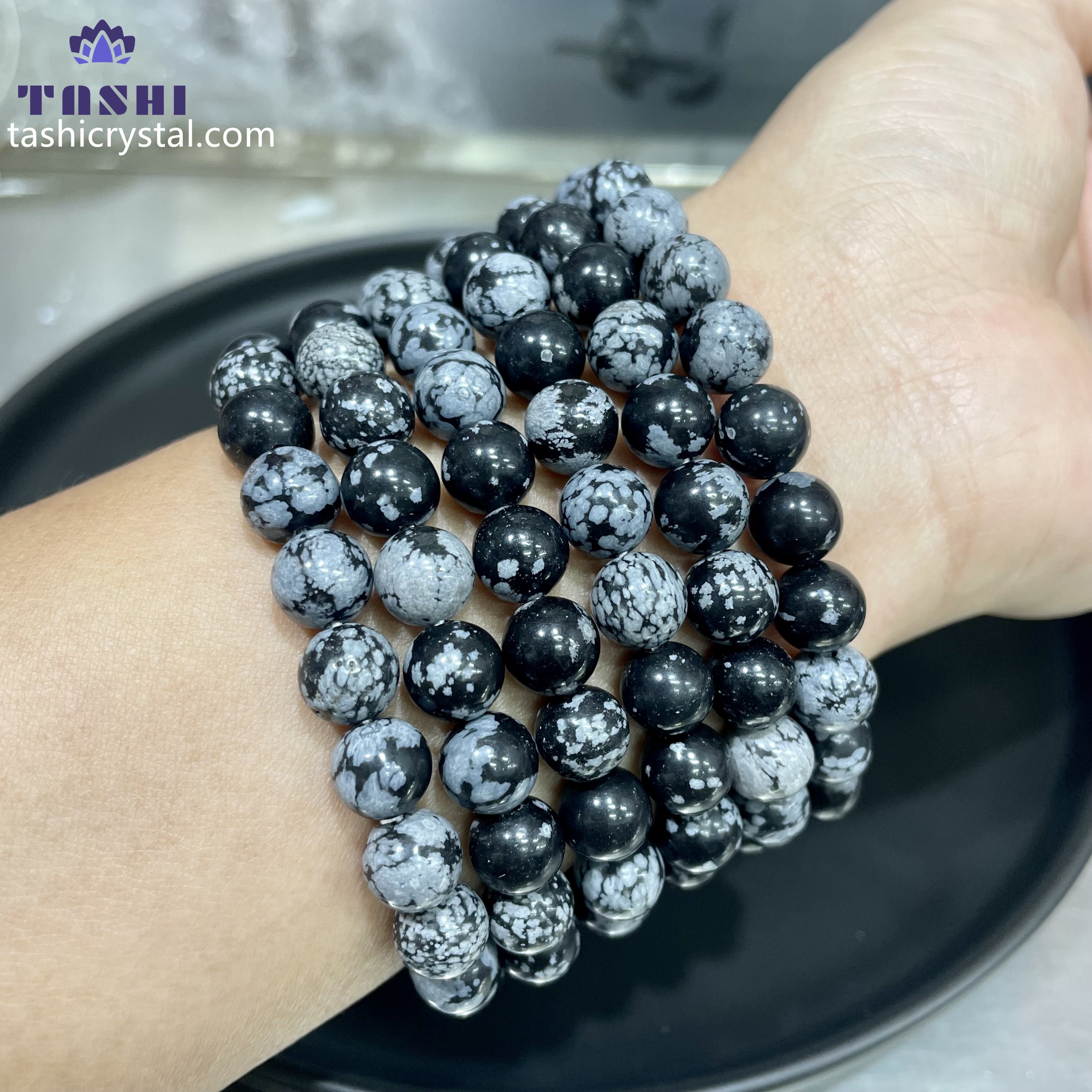8mm Snowflakes Obsidian Bracelets Round Beaded Bracelets Stretch Beads