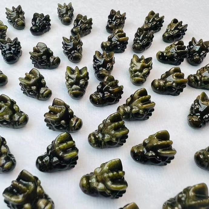 Mini Golden Sheen Obsidian Dragon Head Carvings Confetti Jewelry Charms