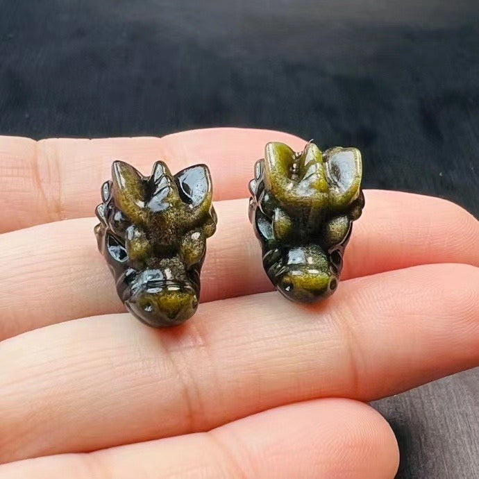 Mini Golden Sheen Obsidian Dragon Head Carvings Confetti Jewelry Charms