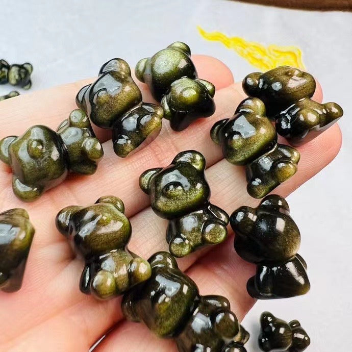 Mini Golden Sheen Obsidian No Face Bear Carvings Confetti Jewelry Charms