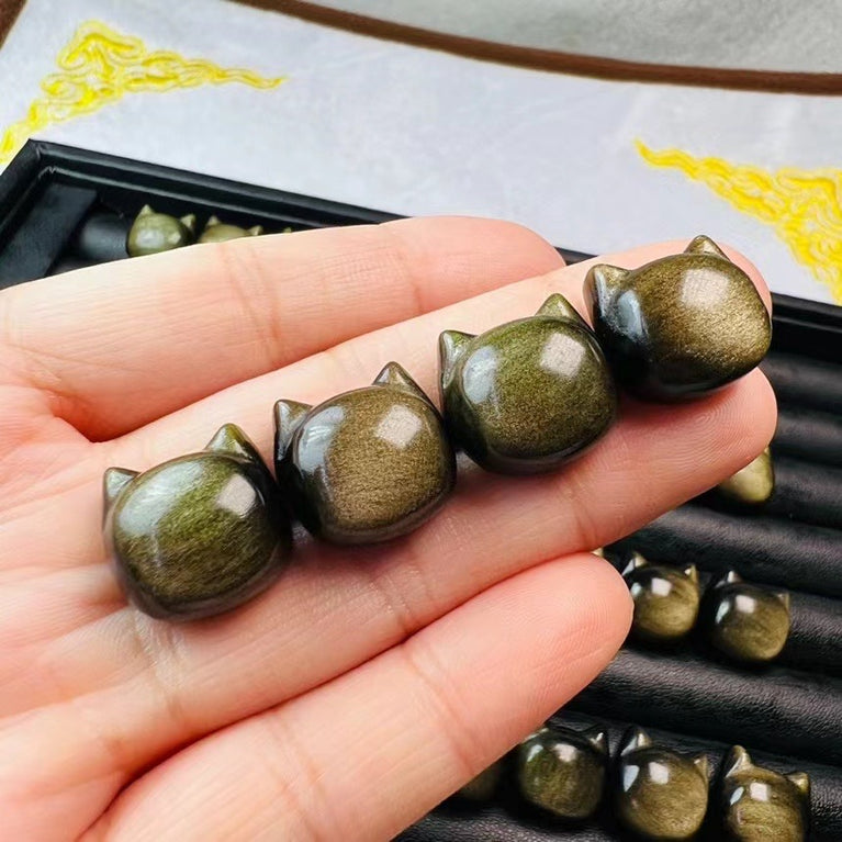 Mini Golden Sheen Obsidian No Face Cat Head Carvings Confetti Jewelry Charms