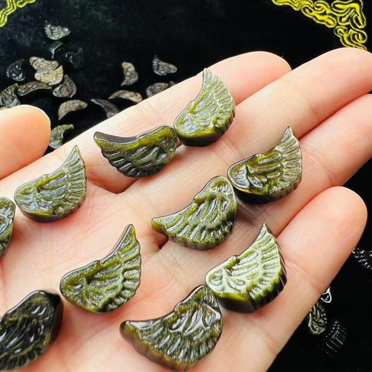 Mini Golden Sheen Obsidian Angel Wing Carvings Confetti Jewelry Charms