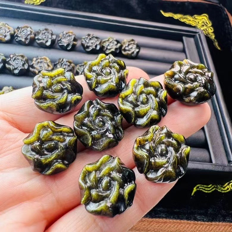 Mini Golden Sheen Obsidian Flower Carvings Confetti Jewelry Charms