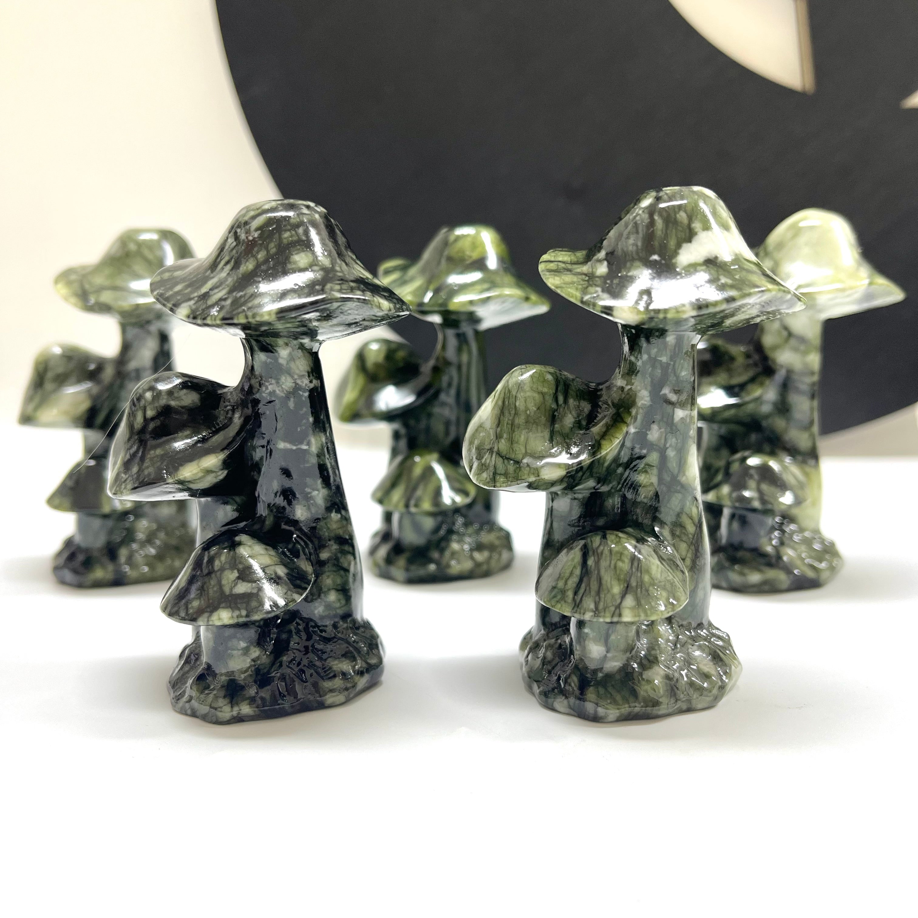 Natural Serpentine Triple Mushroom Carving