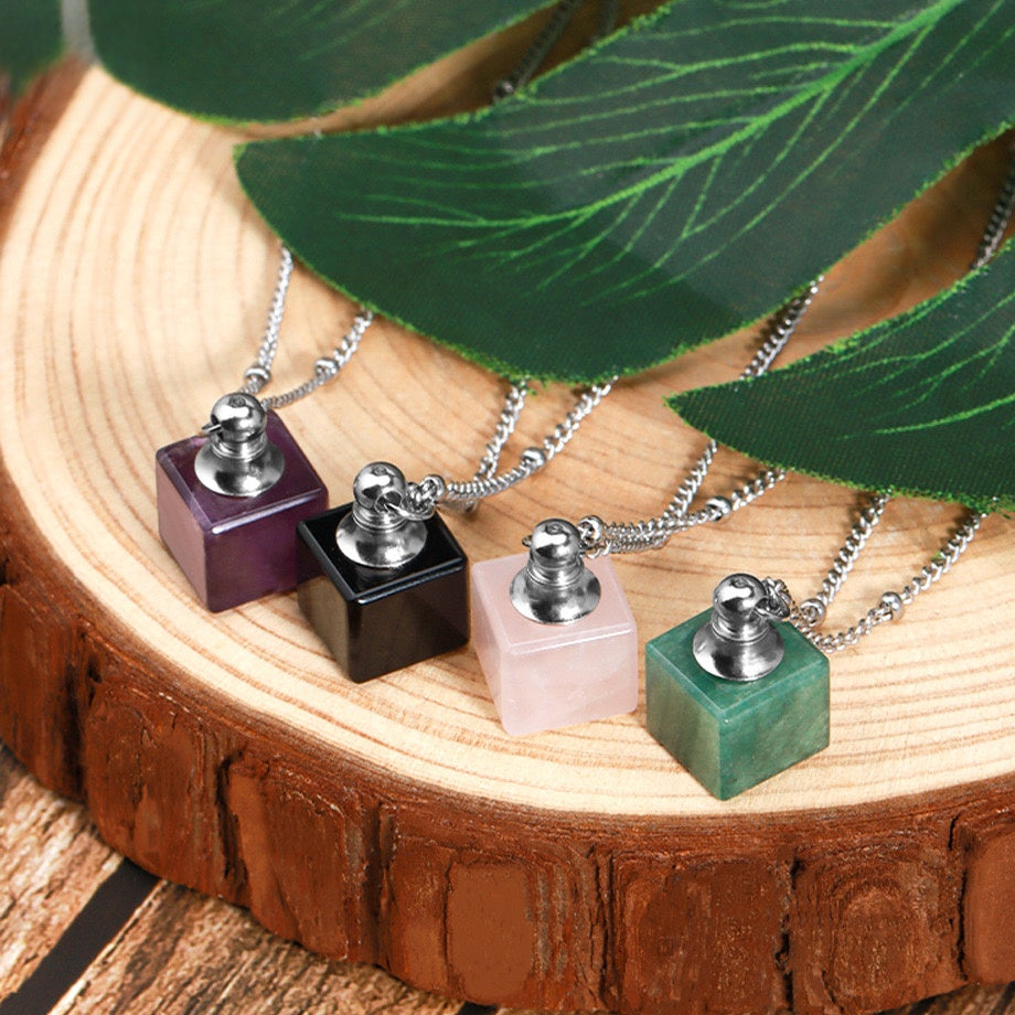 Crystal Cube Perfume Bottle Pendant Necklace