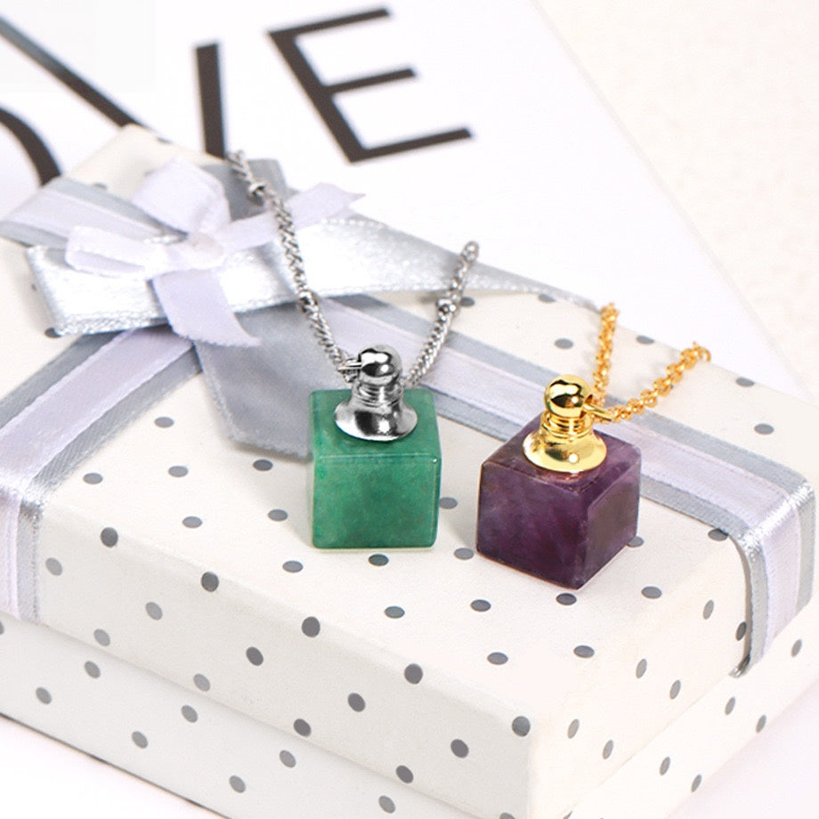 Crystal Cube Perfume Bottle Pendant Necklace