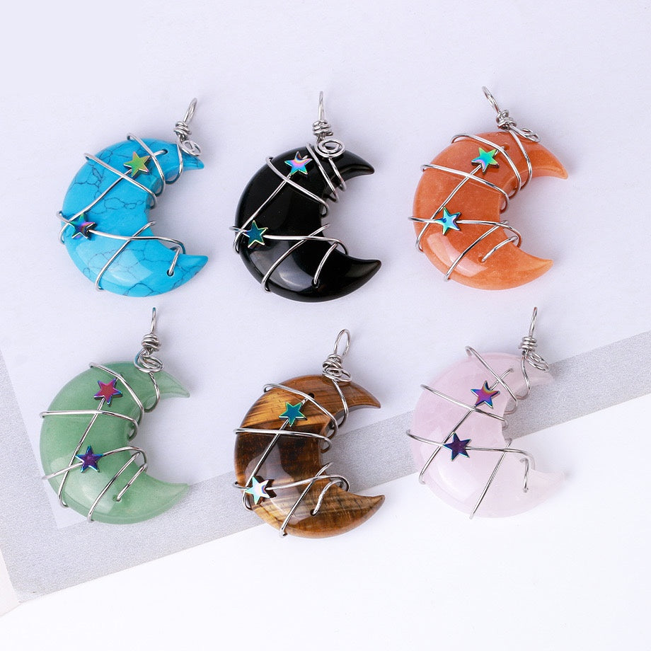 Wire Wrapped Crystal Moon Pendant Necklace
