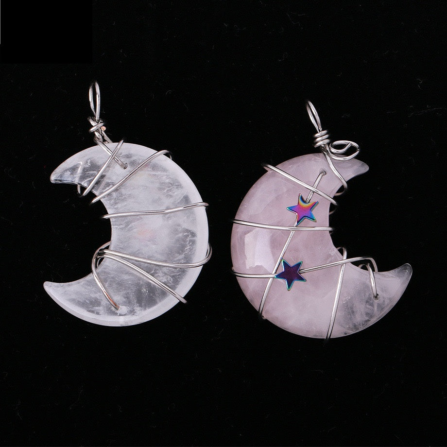 Wire Wrapped Crystal Moon Pendant Necklace
