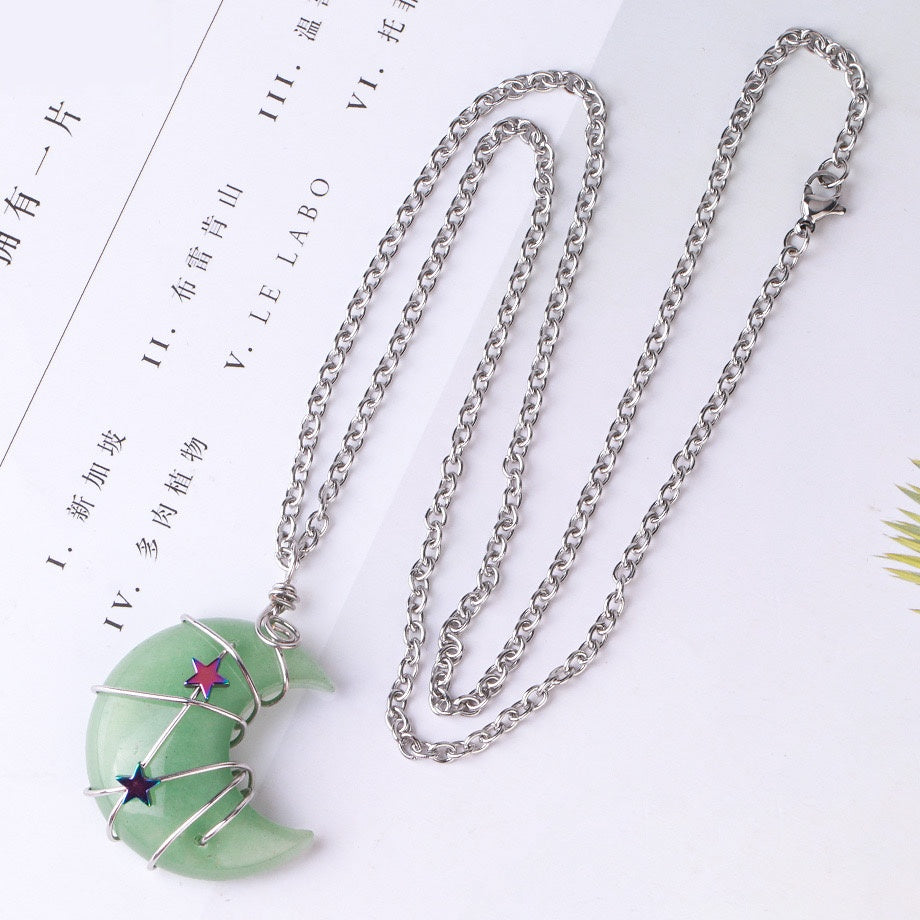 Wire Wrapped Crystal Moon Pendant Necklace