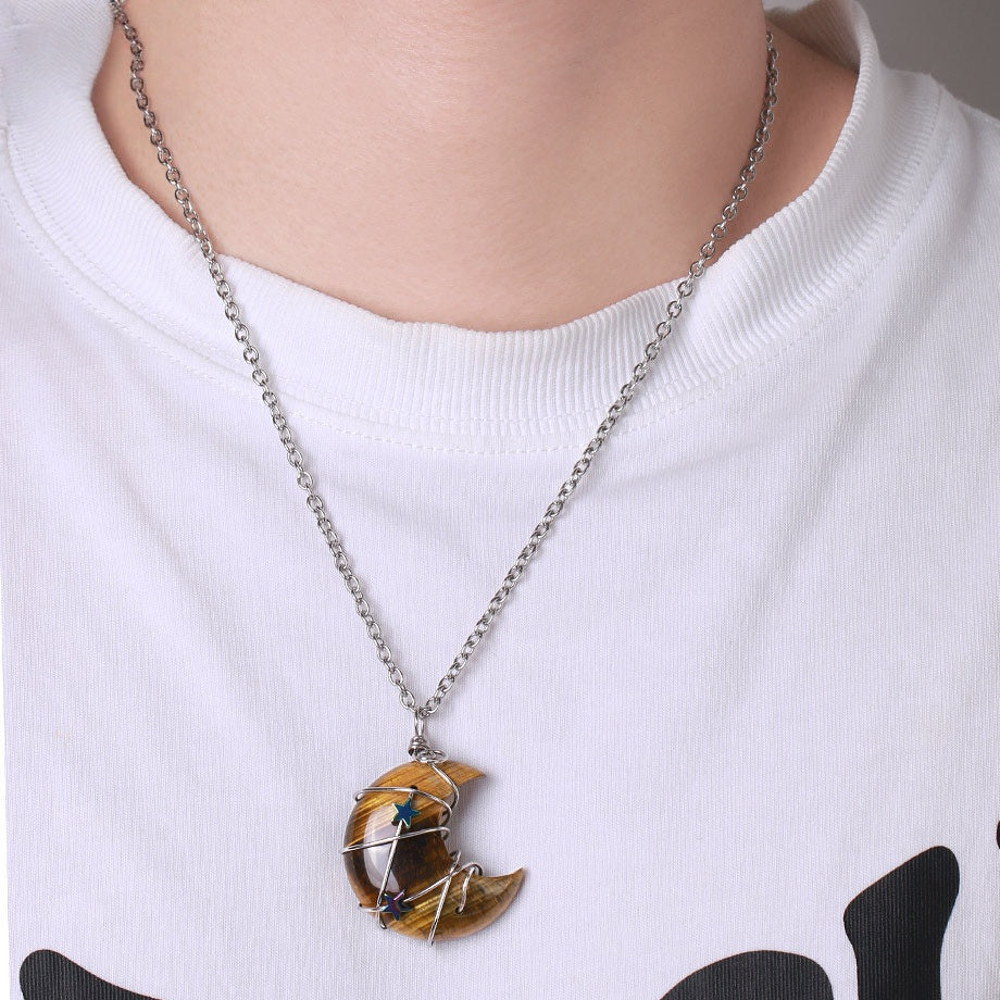Wire Wrapped Crystal Moon Pendant Necklace