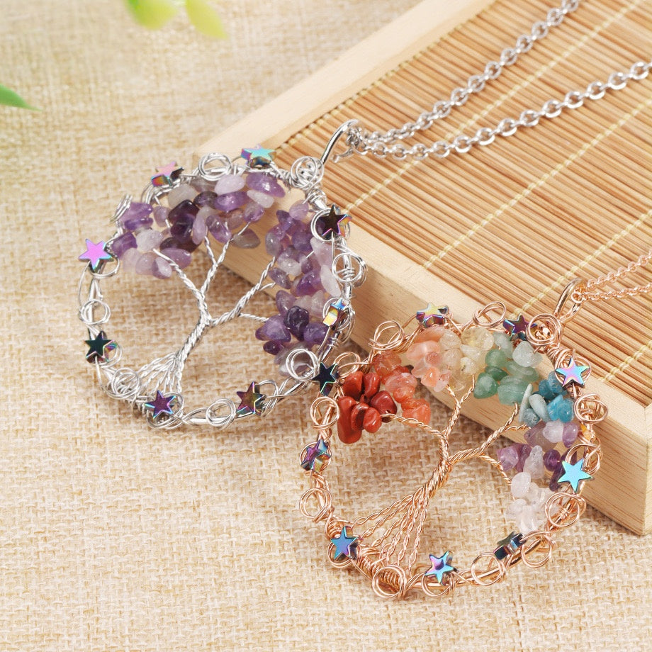 Wire Wrapped Crystal Chips Life Tree Pendant Necklace