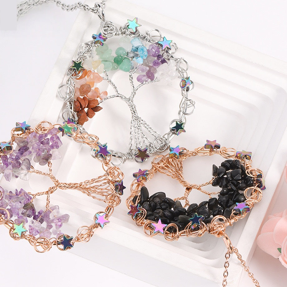 Wire Wrapped Crystal Chips Life Tree Pendant Necklace