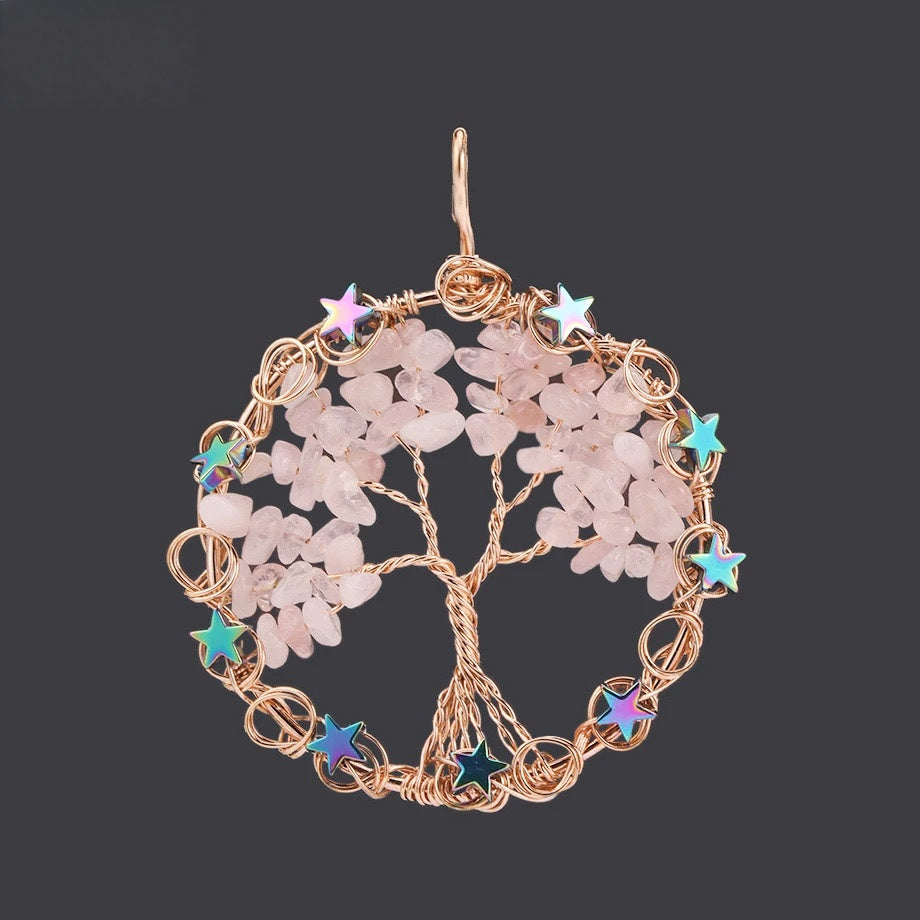 Wire Wrapped Crystal Chips Life Tree Pendant Necklace