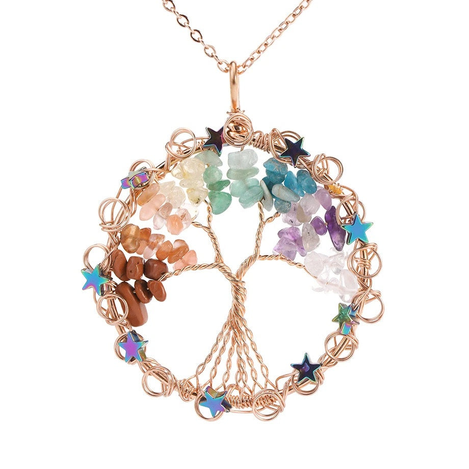 Wire Wrapped Crystal Chips Life Tree Pendant Necklace