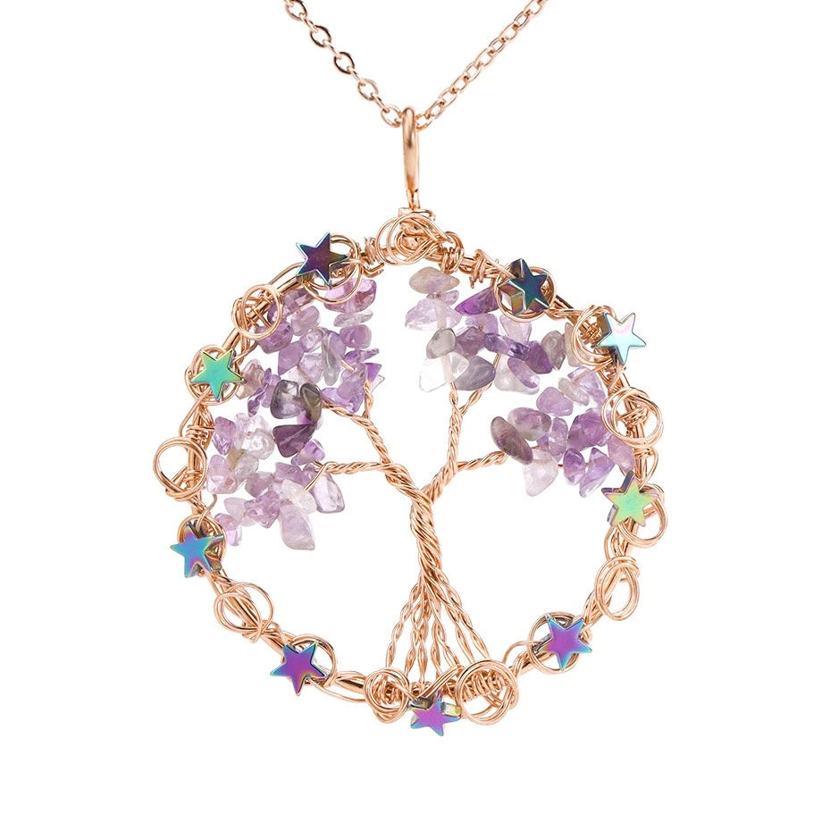 Wire Wrapped Crystal Chips Life Tree Pendant Necklace