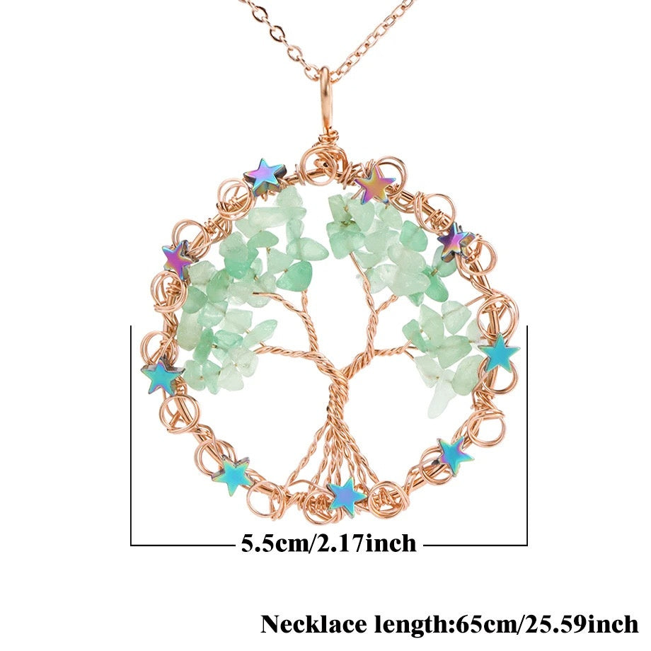 Wire Wrapped Crystal Chips Life Tree Pendant Necklace