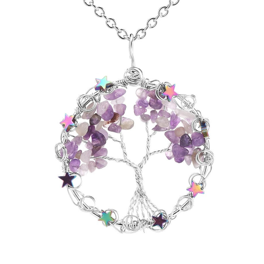 Wire Wrapped Crystal Chips Life Tree Pendant Necklace