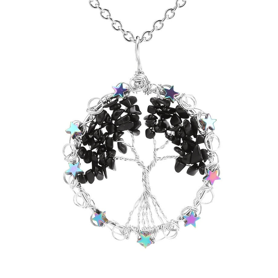 Wire Wrapped Crystal Chips Life Tree Pendant Necklace