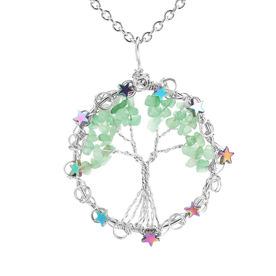 Wire Wrapped Crystal Chips Life Tree Pendant Necklace