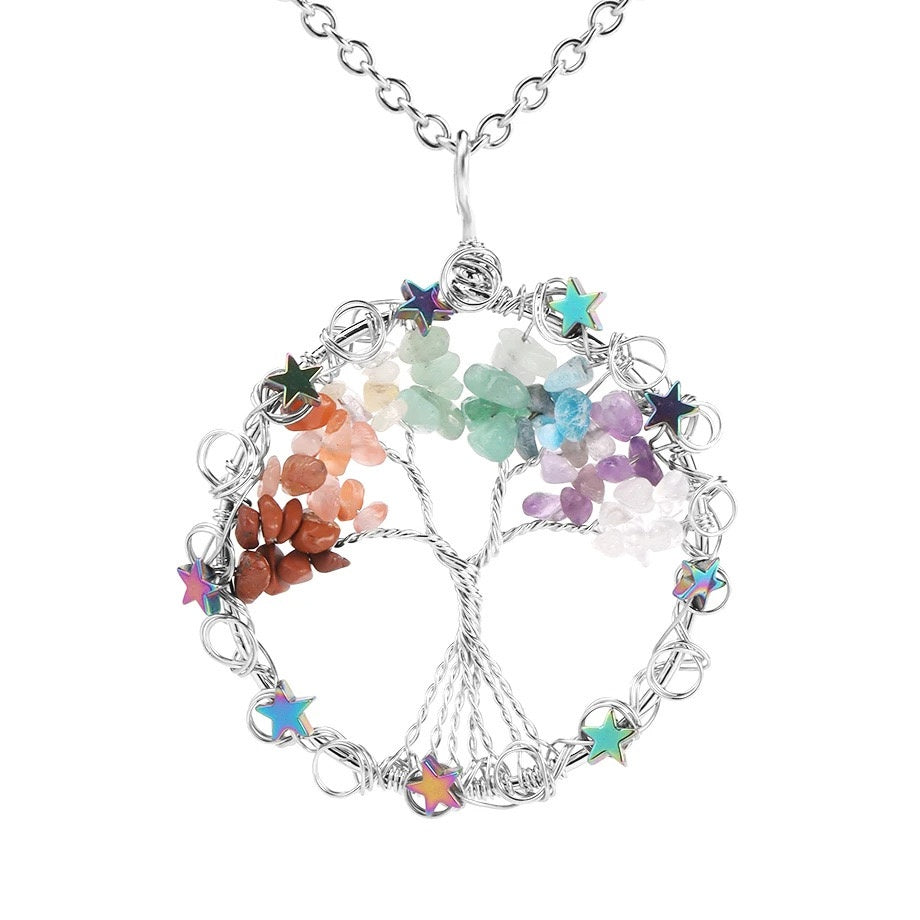 Wire Wrapped Crystal Chips Life Tree Pendant Necklace