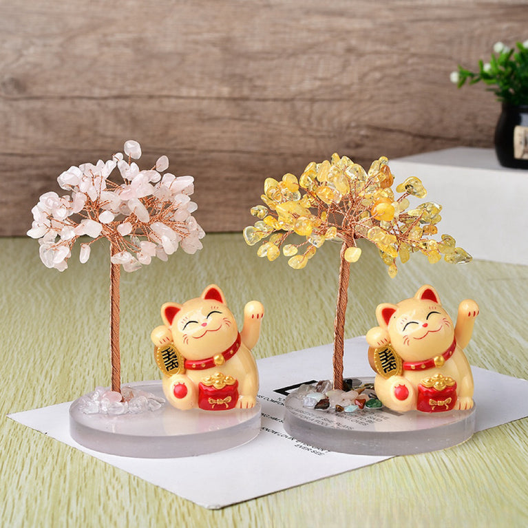 Solar Power Fortune Cat Natural Crystal Stone Chips Tree DIY Wire Wrapping Money Tree Fortune Tree Gift Home Decoration