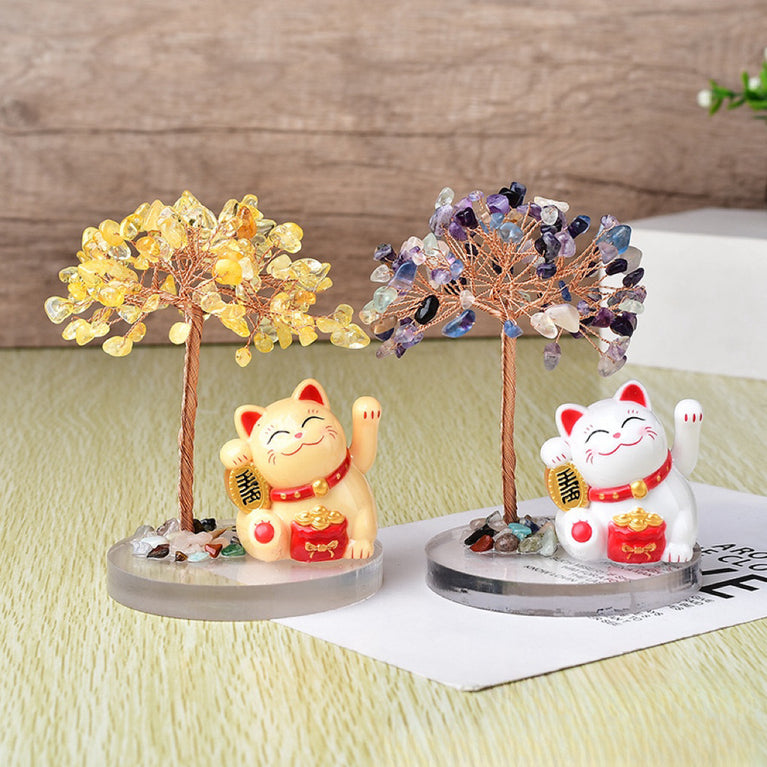 Solar Power Fortune Cat Natural Crystal Stone Chips Tree DIY Wire Wrapping Money Tree Fortune Tree Gift Home Decoration