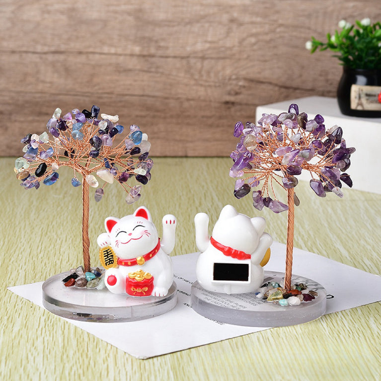 Solar Power Fortune Cat Natural Crystal Stone Chips Tree DIY Wire Wrapping Money Tree Fortune Tree Gift Home Decoration