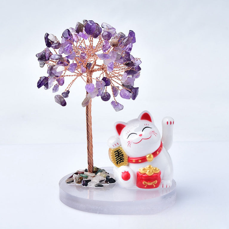 Solar Power Fortune Cat Natural Crystal Stone Chips Tree DIY Wire Wrapping Money Tree Fortune Tree Gift Home Decoration